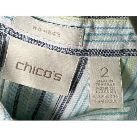 Chico's Women's Tunic Blouse Size Large Linen Blue Green Stripe 100% No Iron 3/4 - Picture 2 of 8